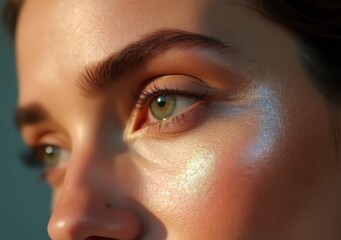 Fototapeta premium Close-up view of a woman's face highlighting green eyes and soft skin texture at sunset
