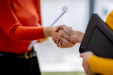 Businesswoman handshake and business people. Successful business handshake concept.
