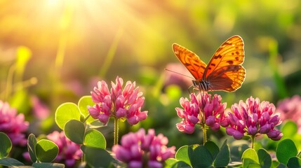 Orange butterfly on pink clover flowers in sunny meadow.