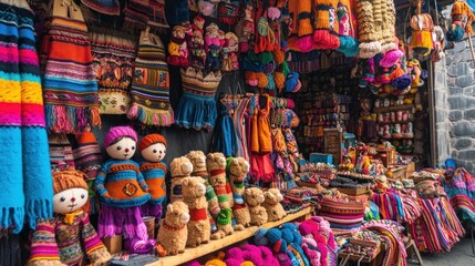 Fototapeta premium A vibrant market stall in Peru displaying alpaca wool scarves, traditional dolls, and Inca-inspired crafts.
