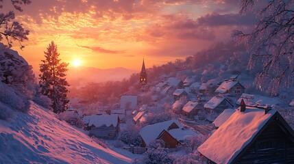 A scenic view of a snowy village on a hillside, with a radiant winter sunset casting an ethereal glow over the snow-covered rooftops 