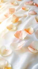 Delicate rose petals in shades of pink and white scattered across a soft ethereal white background creating a romantic natural floral composition The petals have a delicate
