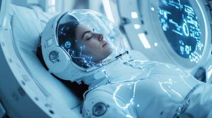 Physician pioneering space medicine research for astronaut health, futuristic visuals, isolated