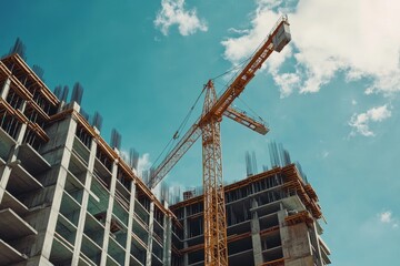 A yellow construction crane towering over a partially built concrete building against a clear blue sky.