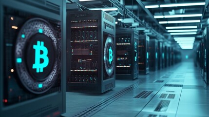 A futuristic blockchain technology lab with cryptocurrency mining rigs and decentralized ledger systems, Digital style, photo of