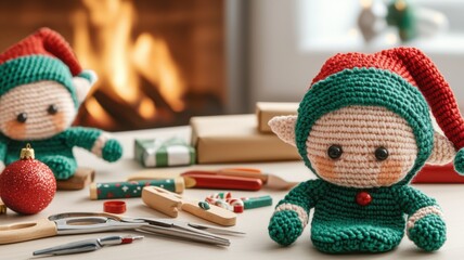 Fototapeta premium Hobby Knitting for Christmas Crochet Christmas elves with festive decorations