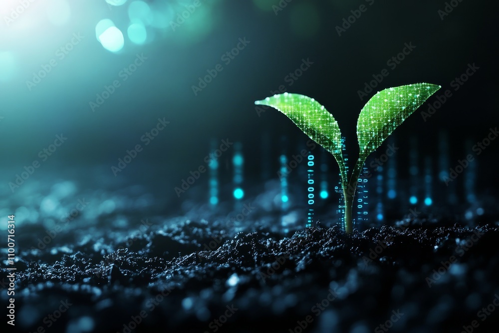 Aufkleber A green sprout growing from the dark soil with a digital binary code in the background.