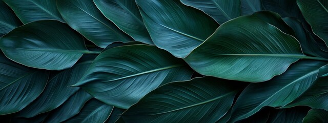 Fototapeta premium A close up view of dark green tropical leaves with a textured and organic background.