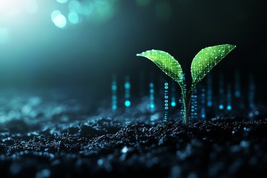 A green sprout growing from the dark soil with a digital binary code in the background. - Powered by Adobe