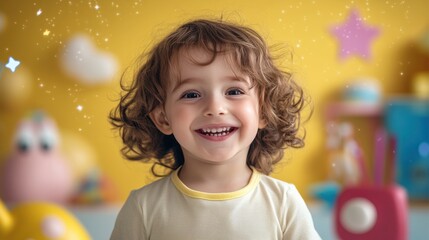 a joyful child with curly hair, smiling brightly against a vibrant yellow background. Surrounded by playful star decorations and colorful toys, the scene exudes happiness and whimsy.