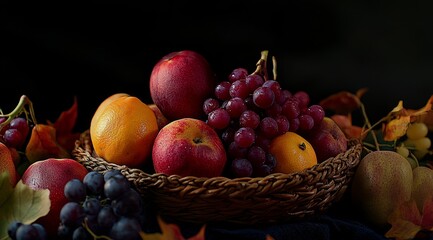 A wicker basket overflowing with red and yellow apples, grapes and leaves on a dark background.