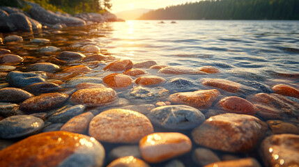 Obraz premium serene yet chaotic scene of a blurred rocky riverbank with scattered rocks and flowing water, capturing nature’s raw beauty, stillness, and the concept of calm amidst disorder