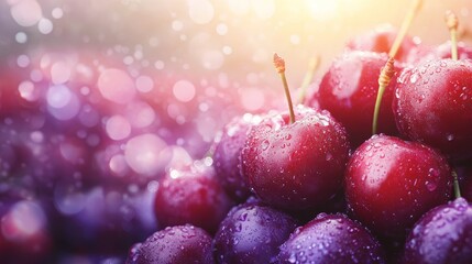 Close-up of fresh, ripe cherries with water droplets.