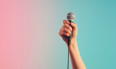 Bold hand clutching a mic on a neutral gradient,  Generative AI 