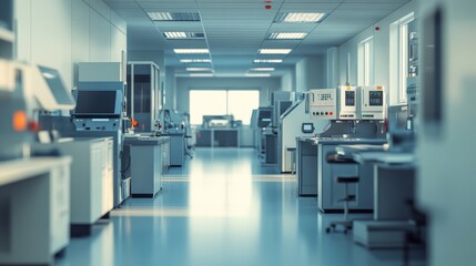Fototapeta premium A professional calibration laboratory, highlighted by soft natural light, features clean surfaces, precise instruments, and a spacious, orderly layout. 