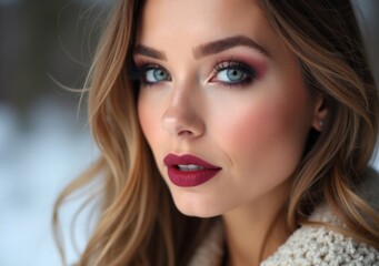 Fototapeta premium Beautiful woman with striking blue eyes and bold makeup in a cozy setting