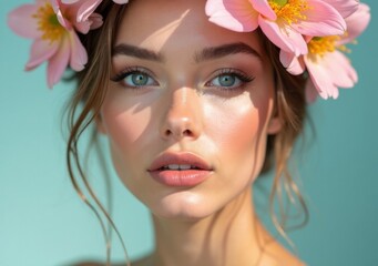 Naklejka premium Model in a flower crown with vibrant makeup against a blue studio backdrop