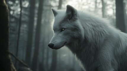 Obraz premium Arctic Wolf in a Misty Forest
