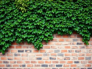 Image of a brick wall covered in vibrant green leaves, creating a natural and beautiful contrast between man-made structure and nature, wall art, texture
