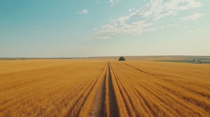 Fototapeta premium A scenic drone shot of a golden wheat field bathed in sunlight, reaching out to a distant horizon. 
