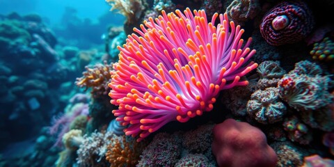 Vibrant underwater shot of a colorful anemone surrounded by a variety of sea creatures, sea creatures, underwater