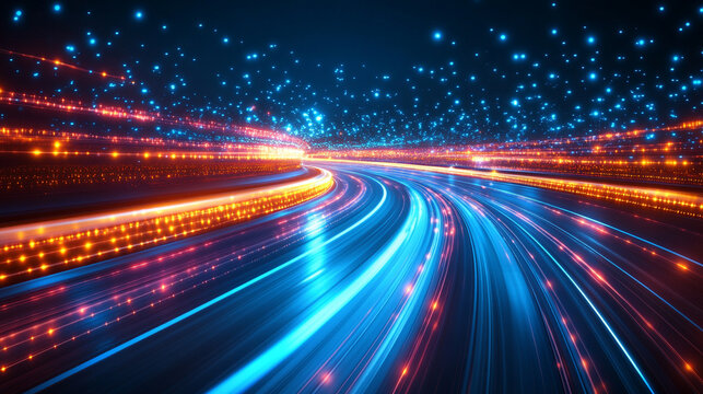 futuristic abstract blue light high-speed tunnel, symbolizing rapid movement, technology, and innovation, evoking a sense of acceleration and progress within a digital or virtual environment