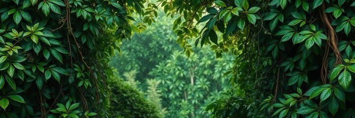 Obraz premium lush green jungle foliage with various shades of green leaves, vines, and branches creating a dense and vibrant natural canopy, tropical forest, rainforest