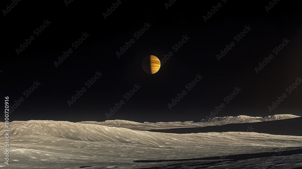 Poster a breathtaking image of a distant moon surface, bathed in soft twilight, as jupiter and its moons ri