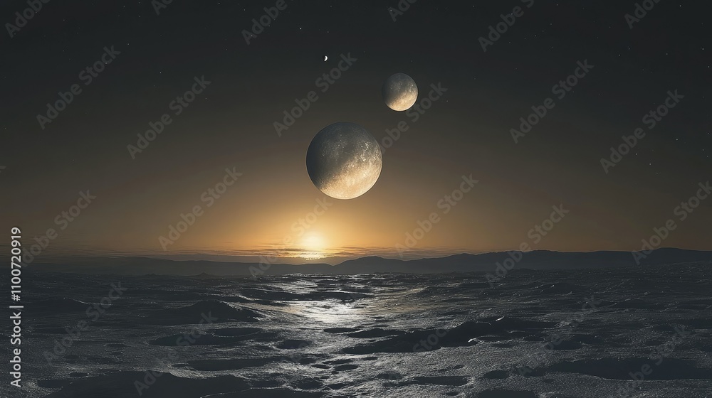 Poster a breathtaking image of a distant moon surface, bathed in soft twilight, as jupiter and its moons ri