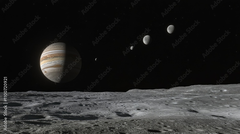 Poster a breathtaking image of a distant moon surface, bathed in soft twilight, as jupiter and its moons ri