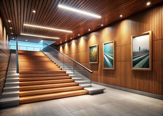 Modern Underground Gallery Interior with Stairs and Wooden Wall Mockup Space for Commercial Use, Perfect for Artistic Showcases and Contemporary Exhibitions in 3D Rendering