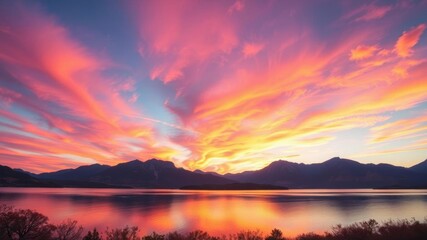 Fototapeta premium Vibrant orange and pink skies over a serene lake with mountains in the background, peaceful, water