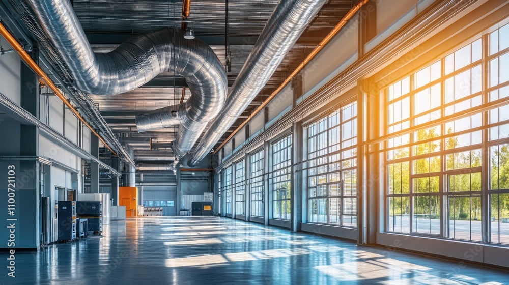 Aufkleber a clean, spacious industrial area with large windows and metallic ducts overhead, showcasing the har