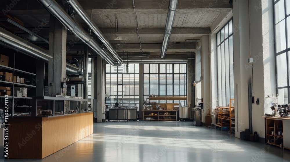 Aufkleber A clean, spacious industrial area with large windows and metallic ducts overhead, showcasing the harmony between design and functionality