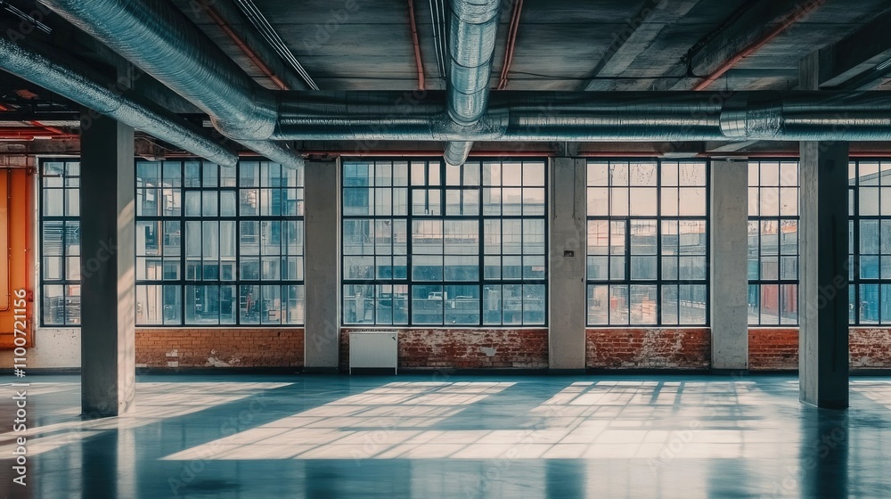 Aufkleber a clean, spacious industrial area with large windows and metallic ducts overhead, showcasing the har