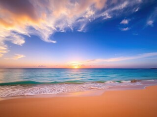 Fototapeta premium A breathtaking sunrise over a tranquil beach with golden sand, clear blue waters, and colorful skies, sunlight, beach