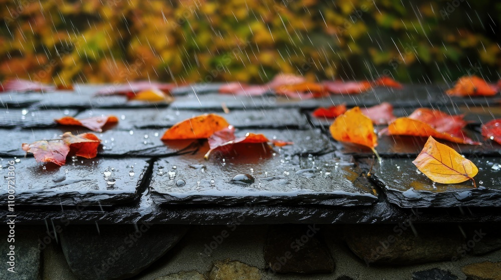 Poster a close-up of raindrops on a slate roof, creating a beautiful shimmering effect, framed by vibrant a