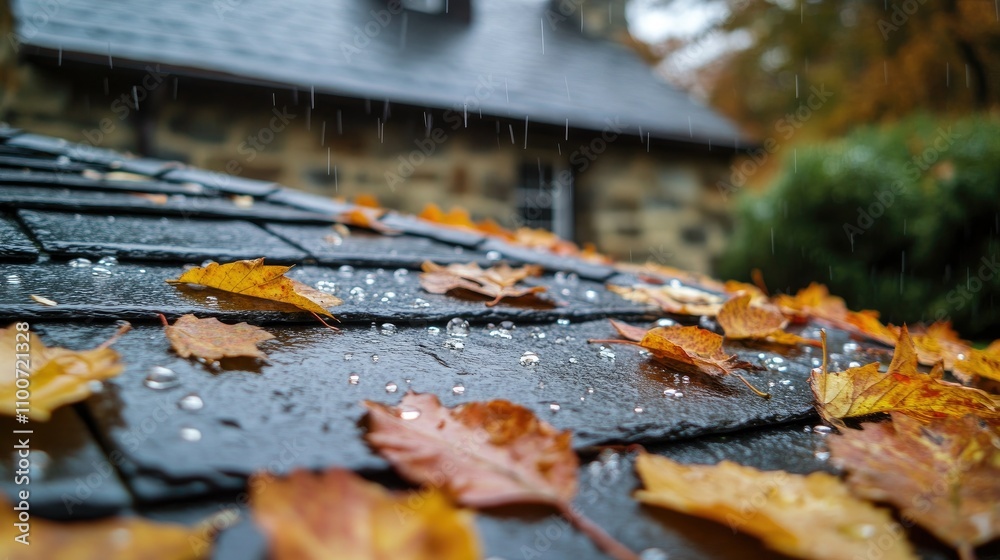 Poster a close-up of raindrops on a slate roof, creating a beautiful shimmering effect, framed by vibrant a