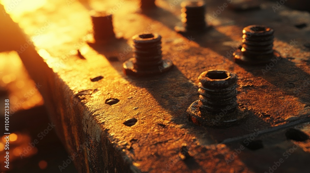 Poster a close-up view of rusting metal bolts on an old, weathered surface, highlighted by the warm glow of