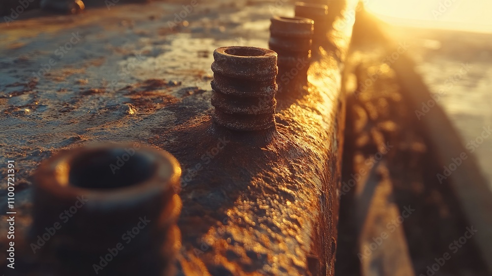 Poster a close-up view of rusting metal bolts on an old, weathered surface, highlighted by the warm glow of