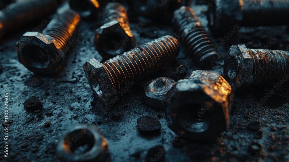 Poster a collection of rusting bolts with dramatic lighting, emphasizing the decay and texture on an old me