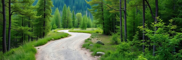 Fototapeta premium A scenic trail winding through a lush forest, tranquil, wilderness