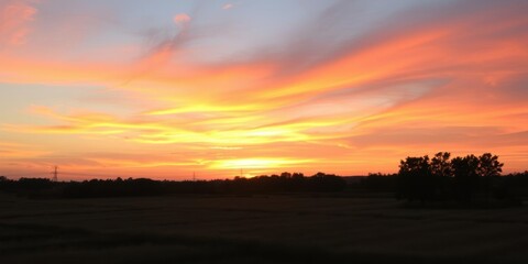 Obraz premium Vibrant sunrise sky with hues of pink, orange, and yellow casting a warm glow over a peaceful landscape, sky, pink