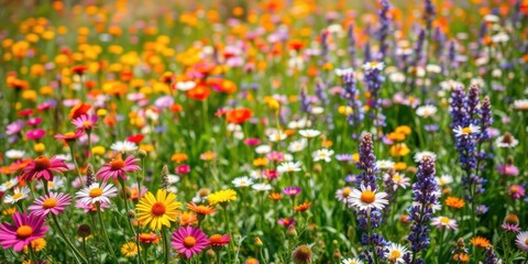 Fototapeta premium A vibrant field of colorful wildflowers in full bloom during a sunny spring day, showcasing the beauty of nature, tranquil, vegetation