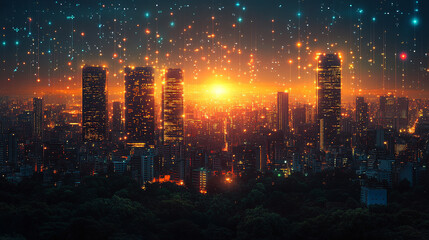 Fototapeta premium night circuit city background with vibrant neon lights, glowing lines, and futuristic cityscape, symbolizing technology, innovation, and digital connectivity in a modern urban environment