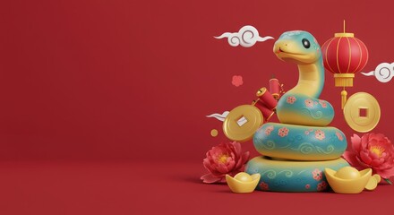 Festive depiction of colorful snake surrounded by traditional Chinese elements on red background
