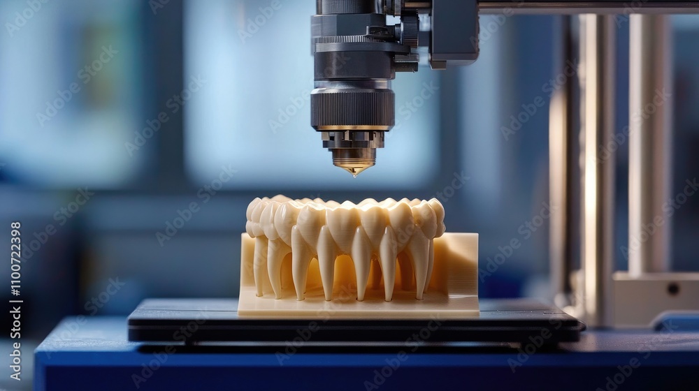 Poster a high-tech 3d printer creates an intricate dental model of human teeth, showcasing advanced technol