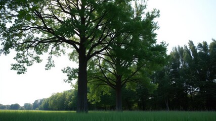 Obraz premium A single tall poplar tree standing alone in a grassy field under a clear blue sky, grass, leaves