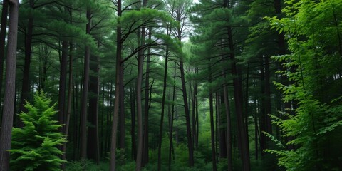 Fototapeta premium A dense forest with tall green trees creating a peaceful and lush environment, growth, dense forest
