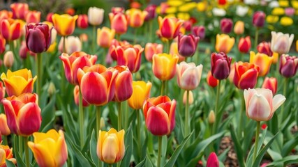Vibrant tulips blooming in a spring garden, showcasing a colorful display of nature's beauty, growth, tulip bulbs